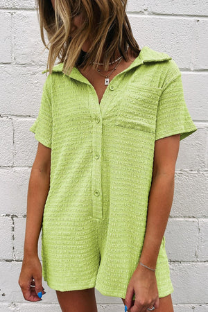 Lime textured collared romper with button front and patch pocket