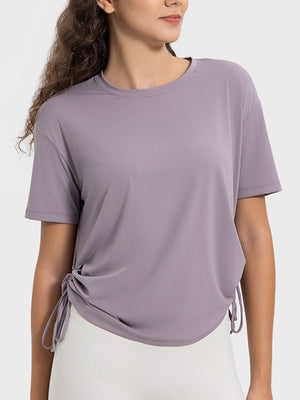 Lilac jersey t-shirt with adjustable side ties and crew neck