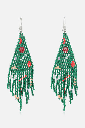 Green beaded Christmas tree drop earrings with red and white accents.