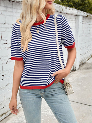 Nautical striped knit tee with red trim and crew neck.