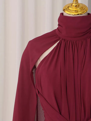 Ruched Halter Neck Cape Maxi Dress in Red, product detail