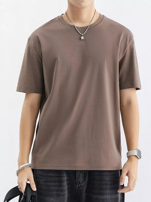 Men's coffee cotton crew neck t-shirt with short sleeves and a relaxed fit.