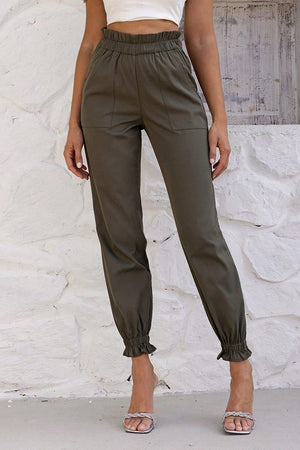 Olive brown cuffed joggers with gathered waistband and ruffled ankles.