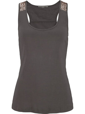 Dark gray tank top with sequin shoulder detail and racerback.