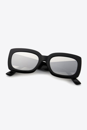 Black acetate rectangular sunglasses with silver mirrored lenses