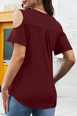 Burgundy cold shoulder top with flutter sleeves and a V-neck.