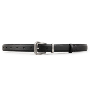 Black cowhide leather belt with decorative silver buckle and keeper loop.