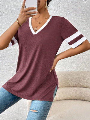 Plum v-neck tee with contrast white trim on neckline and striped sleeves.