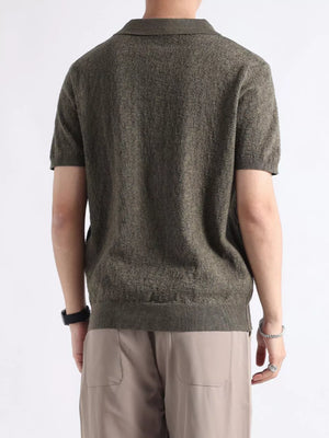 Moss green textured short-sleeve polo shirt with classic collar and ribbed hem.