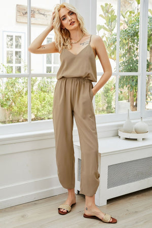 Khaki gathered ankle cami jumpsuit with V-neck and elastic waist.