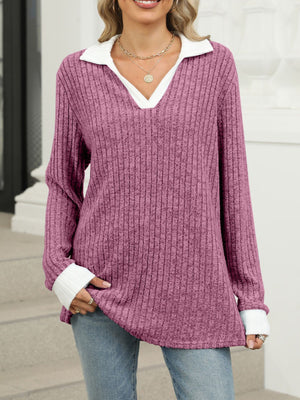 Purple Red ribbed knit long sleeve t-shirt with white collar and cuffs.