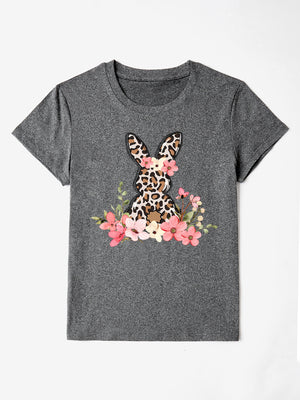 Gray crewneck t-shirt with leopard print bunny and floral graphic.