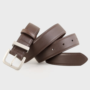 Brown cowhide leather belt with minimalist silver buckle and stitched detail.