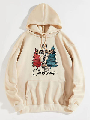 Chestnut hoodie with leopard cross and Christmas tree graphic.