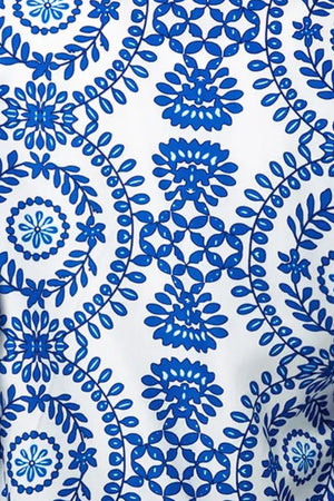 Royal blue botanical medallion print blouse with voluminous sleeves