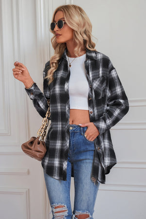 Dreamer plaid drop-shoulder jacket in black with buttoned front and pockets.