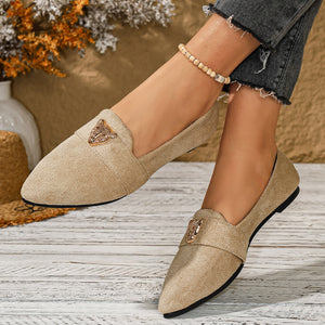 Apricot point toe slip-on flats with gold animal emblem detail