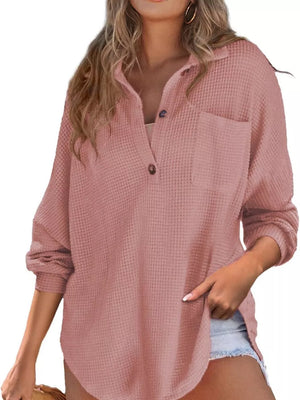 Rose Red waffle-knit henley tee with button front and chest pocket.