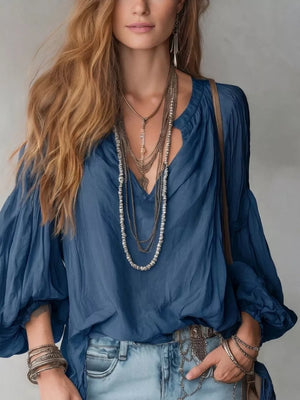 Notched Balloon Sleeve Blouse in Black, view 12