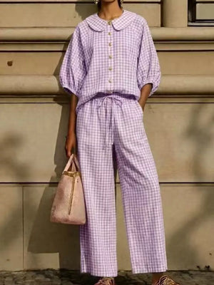 Full Size Plaid Button Up Shirt And Pants Set Plus Size, front view