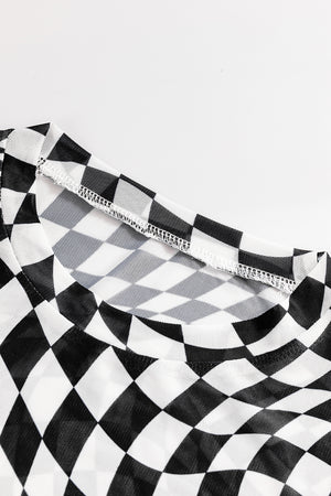 Black and white checkered mesh blouse with a crew neck and visible stitching detail.