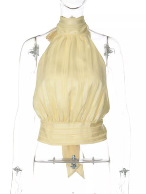 Yellow ruched halter cami top with vertical stripes and tie detail