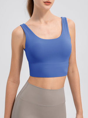 Blue performance crop top with scoop neck and wide band