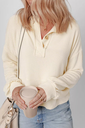 Corded Texture Lantern Sleeve Henley Sweatsuit in Ivory, front view