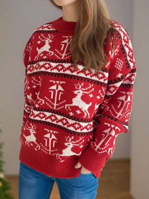 Reindeer Fair Isle crew neck sweater in deep red acrylic with white and black pattern.