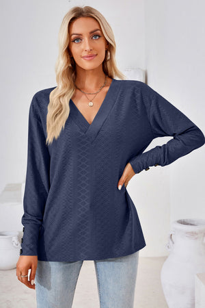 Dark Blue textured V-neck blouse with button cuff long sleeves
