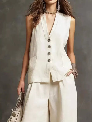 Sleeveless Buttoned Vest And Wide-leg Pants Set, fabric detail