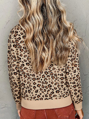Savanna Spot Long Sleeve Knit Top in beige with animal print, crew neck, and ribbed hem.