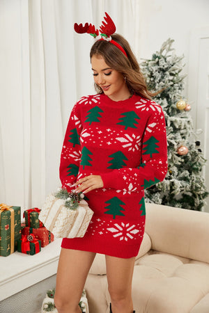 Red acrylic mini sweater dress with green Christmas trees and white snowflakes, crew neck, long sleeves.