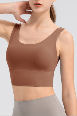 Caramel performance crop top with scoop neck and wide band