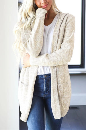 Beige hooded heathered knit open cardigan with pockets, acrylic blend.