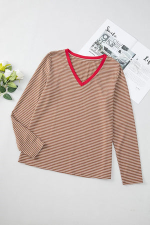 Stripe V Neck Stretchy Long Sleeve Top in Sage, back view