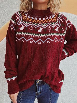 Burgundy cable knit turtleneck sweater with Fair Isle pattern and white accents