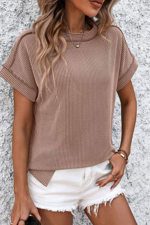 Vertical ribbed tee with split hem in camel, short sleeves, mock neck, casual chic style.