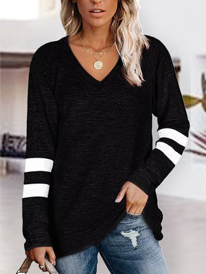 Black v-neck top with white varsity stripes on the sleeves.