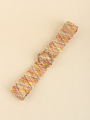 Woven raffia belt in multicolor with a sculpted gold buckle and tan leather detail.