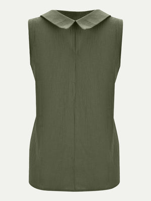 Moss green sleeveless blouse with Peter Pan collar and textured fabric.