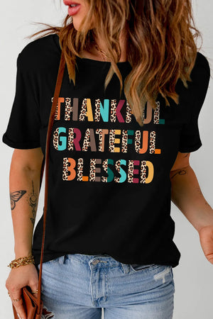 Black t-shirt with leopard print graphic text THANKFUL GRATEFUL BLESSED