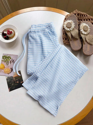Blue striped maternity wide leg pants with drawstring waist