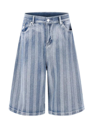Men's Stripe Wide Leg Denim Capris in Blue, front view