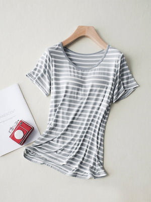 Gray striped t-shirt with built-in bra and scoop neck
