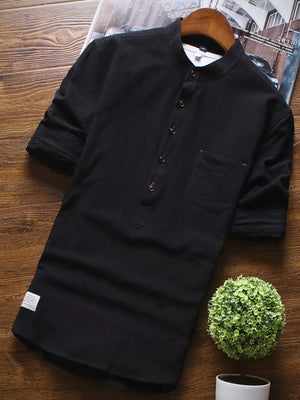 Black casual mandarin collar 3/4 sleeve cotton shirt with buttoned placket and chest pocket.