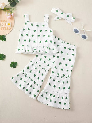 Baby shamrock ruffle set with tank top and bell bottoms, includes headband.