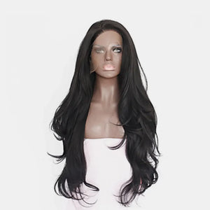 Black voluminous lace front wig with long, wavy layers styled casually.