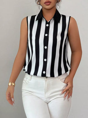 Sleeveless collared shirt with black and white stripes, button front, and black collar.