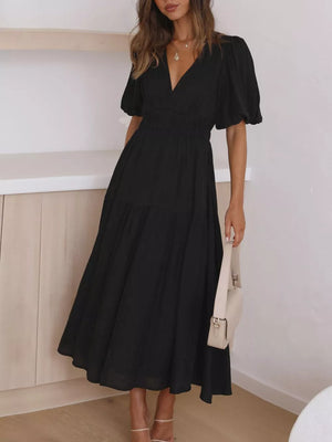 Elegant Puff Sleeve V-neck Midi Dress in Black, fit detail